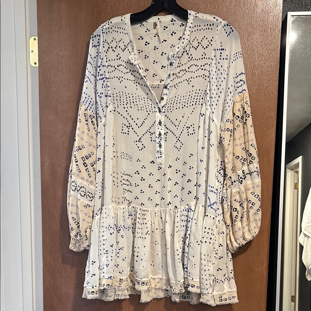 Free People Patterned Cream and Blue Women's dress
